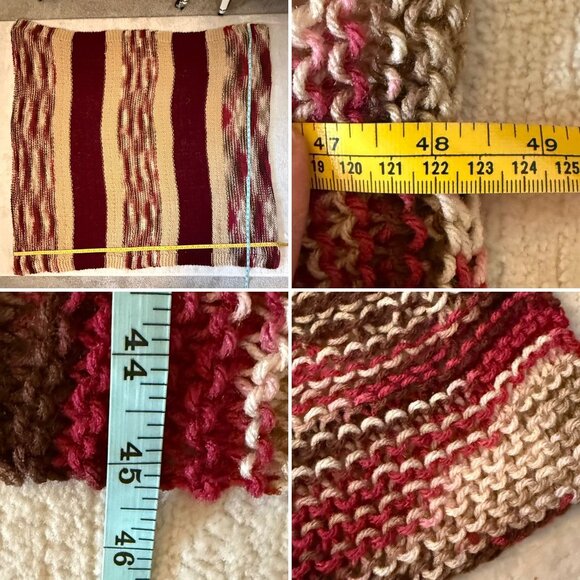 Handmade Knit Afghan Throw Blanket 48 x 45 Burgundy Tan Brown Striped - Picture 7 of 9